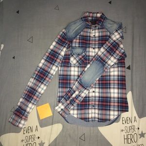 Zara Man Button Down Plaid Denim Jean Jacket